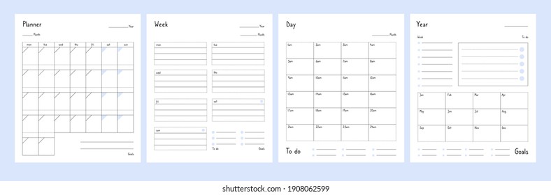 Planner Templates. Year, Weekly And Day Planning Tabs For Notebook Pages. Business Book Diary, Office Organizer Plans Set