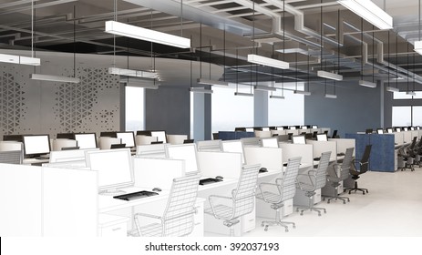 Planning Of Callcenter Office From CAD Wireframe Mesh To 3D Rendering