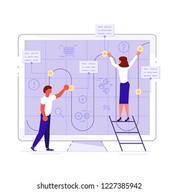 Planning development of ideas concept in flat design. Team of young businessmen  draws business strategy. Rastered copy