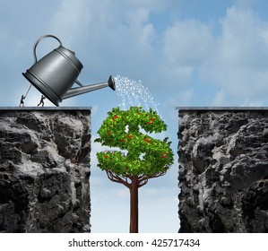 Planning For Financial Success Business Concept As A Group Of Businesspeople Using A Watering Can To Feed A Growing Moneey Tree That Will Close The Gap  As A Bridge With 3D Illustration Elements.