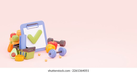 Planning the purchase of vegetables, fruits and sports accessories. Horizontal banner with empty space. Slimming and weight loss concept. 3d rendering illustration.  - Powered by Shutterstock