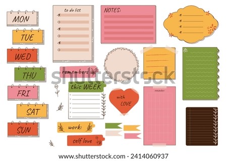 Planning stickers mega set in flat design. Bundle elements of organizer weekly tags, to do lists, notes templates, memo boards, paper pieces and reminders. Illustration isolated graphic objects
