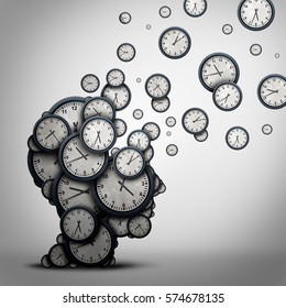 Planning time business concept or wasting minutes as a group of clocks shaped as a human head as a health symbol for psychology or scheduling pressure and dementia or aging as a 3D illustration.