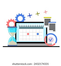 Planning time on laptop, calendar and hourglass, time management. Illustration. Time distribution and work-life balance, time constraints, daily planner calendar, hourglass concept - Powered by Shutterstock