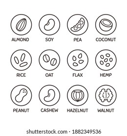 Plant based milk alternative icon set  Nut   seed milk  beans   grains  Labels for non  dairy beverages  ingredient symbols 