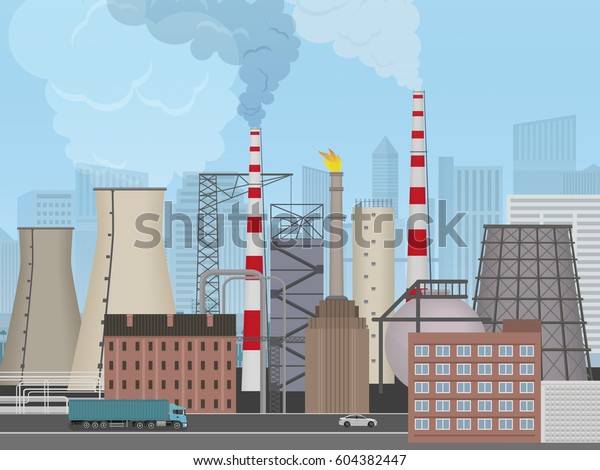 Plant factory on the city background.\
Industrial factory landscape. Pollution\
concept.