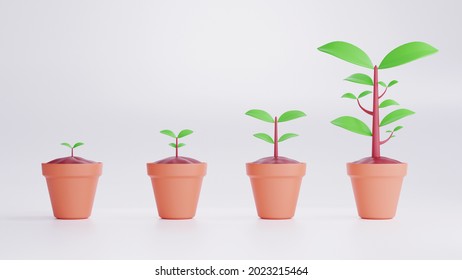 Plant Growing Stages. 3d Render Timeline Of Planting Tree Process Isolated On White Background.life Is Like Tree, Step Growing Of Plants, Plants Progress, Grow Up.Trees And Growth In A Brown Pot.