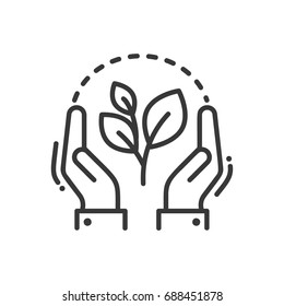 Plant Of Life - Modern Single Line Icon. An Image Of A Green Flower With Hands Around It . Representation Of Better Future, Hope, Creation, Eco Lifestyle.