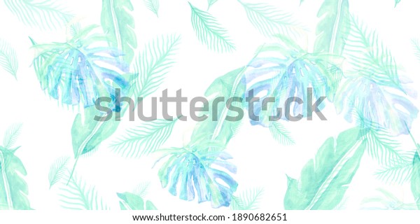 植物柄の壁紙 ミントバナナの葉熱帯の水の色 ヤデヤシの葉 イラストハワイ 熱帯の葉植物 薄白いヤシの葉のイラスト のイラスト素材