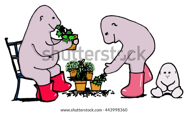 Plant sale, car boot sale, potted herbs.\
Cartoon man seated in group, offers a pot plant to customer and\
baby. Color\
illustration.