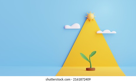 Plant Or Seedlings Growing With Sunligh.Nature, Ecology And Growth Concept. Abstract Minimal Scene With Copy Space.3D Rendering Illustration.