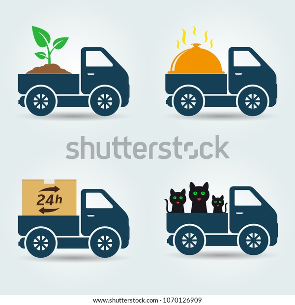 Plants,\
food, animals and parcels delivery van\
icons