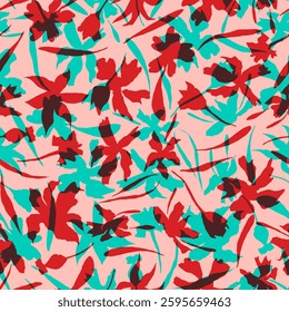  Plants seamless pattern. Minimal abstract floral tropical repeat print. Freehand doodle collage. Organic leaves background, simple nature shapes Summer botanical wallpaper.
