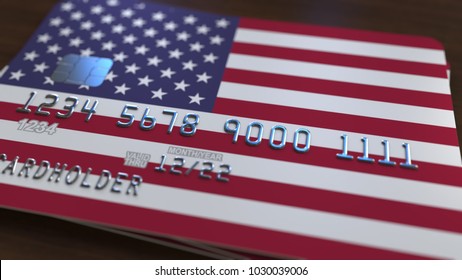 Plastic bank card featuring flag of the United States. National banking system related 3D rendering