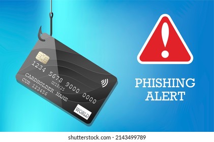 Plastic bank card on a fishing hook. Money trap concept. Phishing credit card on a fishing hook. Fishing alert. Awareness poster. 
