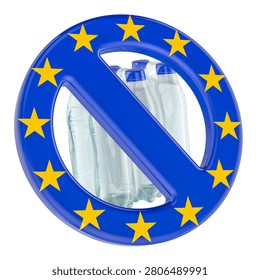 Plastic bottle multipack behind EU style prohibition sign, representing ban on packaging waste regulation and sustainable beverage packaging, 3d rendering isolated on white background