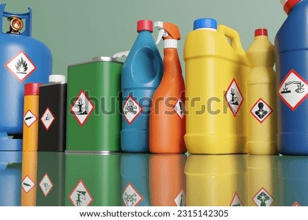 Plastic bottles and metallic tins having with different hazardous warning labels. 3D illustration of the concept of alert of chemical classification [[stock_photo]] © 