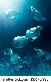 Plastic bottles sinking into the ocean contaminating the water. 3D illustration, rendering