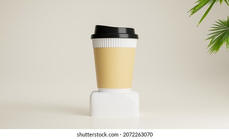 Plastic Coffee Cup With Cap And Paper Cup Sleeve Mockup Stand On Podium In Minimal Background. 3d Rendering, 3d Illustration 