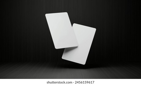 Plastic credit card vertical mockup. Color black background. Atm empty debit payment. Debit card mock up on black background.	