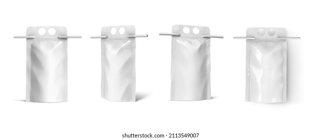 Plastic Drink Packaging Bag Pouch For Beverage With Handle Holes And Straw 3D Rendering