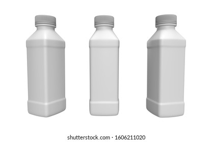 Plastic gray 3D bottle with three different perspectives no shadow