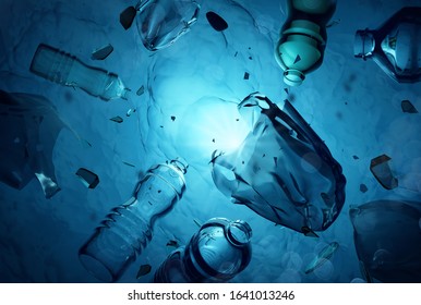 Plastic human waste including plastics bags floating in the open ocean. Water pollution 3D illustration.