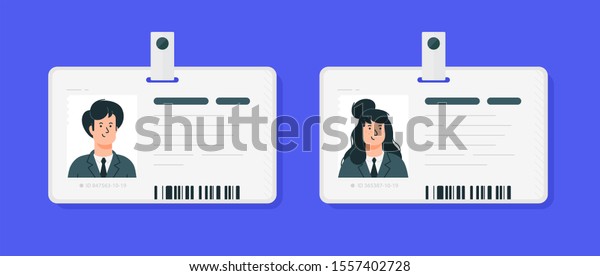 Plastic identification cards of a woman\
and a man. Car driver license isolated on a blue background. Flat\
cartoon style. Student, corporate\
pass.