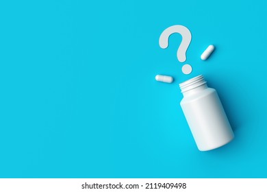 Plastic medical container and white capsule pills with question mark on blue background top view. Medicine and health concept. 3d rendering.