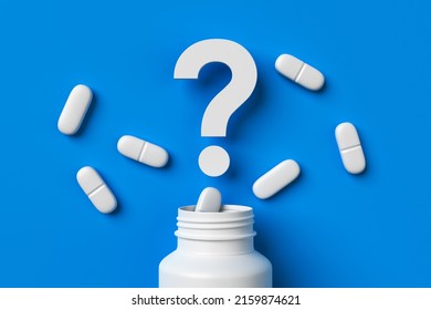 Plastic medical container and white capsule pills with question mark on blue background top view. Medicine and health concept. 3d rendering.