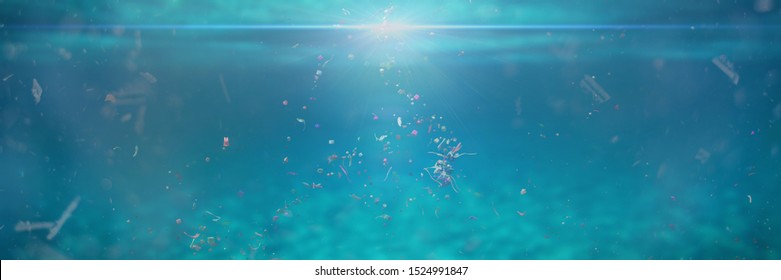 plastic pollution in ocean water, microplastics in the current (3d rendering banner)