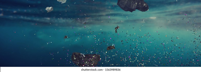 plastic pollution in ocean water, microplastics in the current (3d render banner)