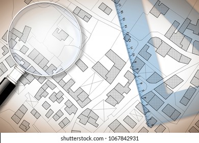 Plastic set square and magnifying glass over an imaginary cadastral map of territory with buildings, fields and roads - 3D render concept image with copy space