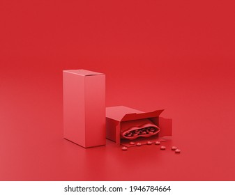 Plastic Shiny Red Monochrome Cereal Box In Red Background, Flat Colors, Single Color, 3d Rendering, Breakfast