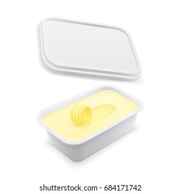 Plastic square container with butter, melted cheese or margarine spread within. Mockup isolated over the white background. Packaging template 3d illustration.