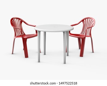 Plastic Table And Chairs Isolated On White, 3d Illustration