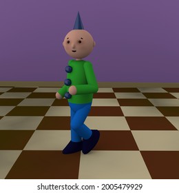 plastic toy of a clown character walking over a checkered tiled floor. 3d illustration