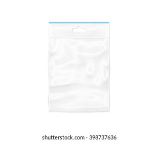 Plastic Transparent Zipper Bag Isolated On White, 3d Illustration. Blank Zip Lock Packaging Design. Empty Polythene Ziplock Bag Sealed Wrap. Clear Pack Mock Up. Vacuum Package Mockup With Blue Clip.