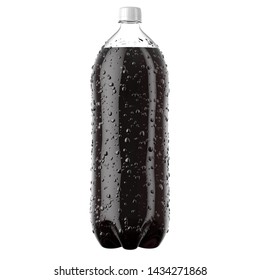 A plastic two liter cola soda bottle with condensation droplets on an isolated white studio background - 3D render