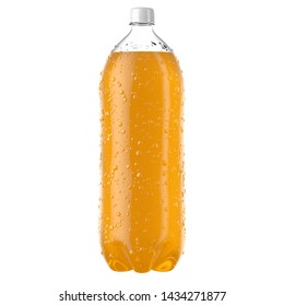 A plastic two liter orange soda bottle with condensation droplets on an isolated white studio background - 3D render
