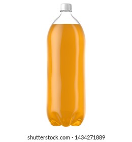 A plastic two liter orange soda bottle on an isolated white studio background - 3D render