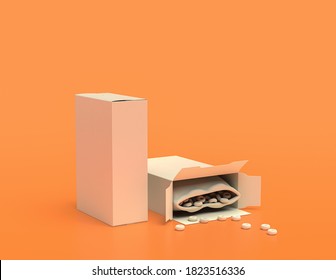 Plastic White Monochrome Cereal Box In Yellow Orange Background, Flat Colors, Single Color, 3d Rendering, Breakfast