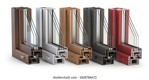 Plastic window profiles PVC of different colors in section  isolated on white background. 3d illustration