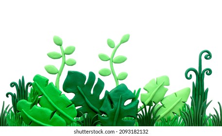 plasticine 3d illustration with tropical leaves and branches. seamless border with jungle, rainforest landscape. green monstera leaves, palm trees, banana