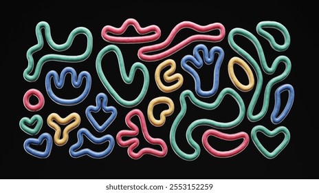 Plasticine abstract cute elements isolated on black background. 3D rendering of an abstract plasticine shape. Modeling Clay Texture. Colorful clay objects in 3d style. Abstract dough toy for child. 