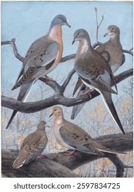 Plate 36: Passenger Pigeon, Mourning Dove by Louis Agassiz Fuertes. Vintage watercolor illustration. Vintage artwork in watercolor, art illustration.