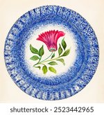 Plate (ca.1936) by Albert Eyth. Blue porcelain plate pattern illustration. Vintage blue beautiful plate pattern design art drawing illustration, old floral pattern design painting art print.