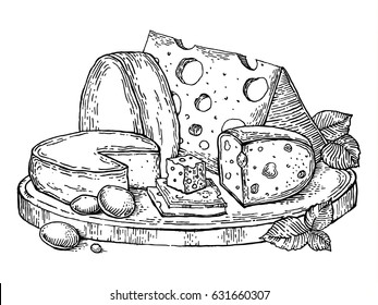 Plate Of Cheese Engraving Raster Illustration. Scratch Board Style Imitation. Hand Drawn Image.