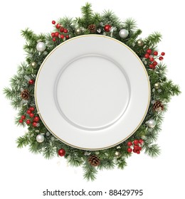 Plate In A Christmas Wreath Isolated On White.