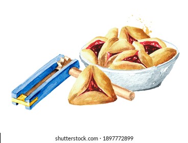 Plate With Traditional Jewish Cookies Hamantaschen For Purim Holiday And Wooden Traditional Toy Gragger Grogger Noise Maker. Hand Drawn Watercolor Illustration Isolated On White Background